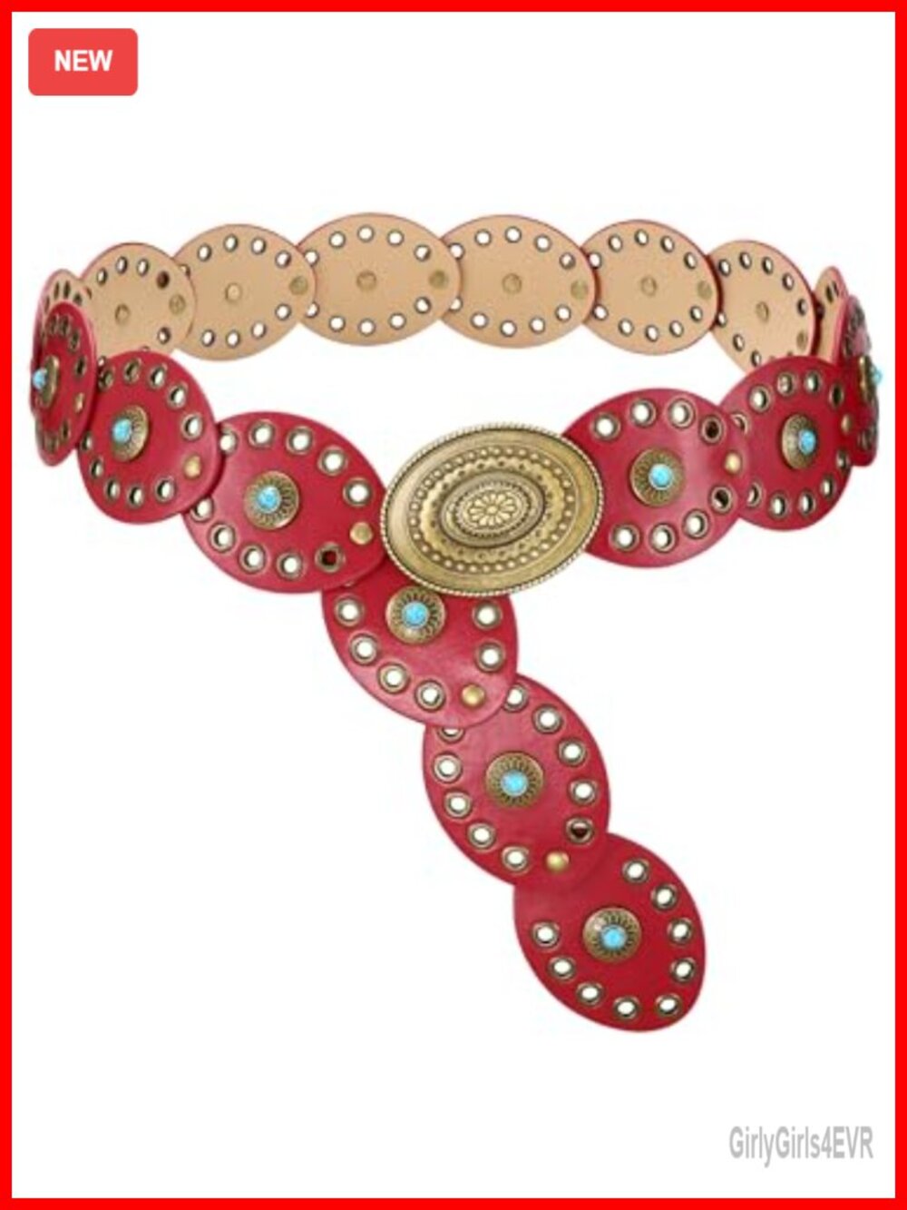 Wide Disc Belt with Turquoise Accents PU Leather Western Boho Cowgirl Belt for